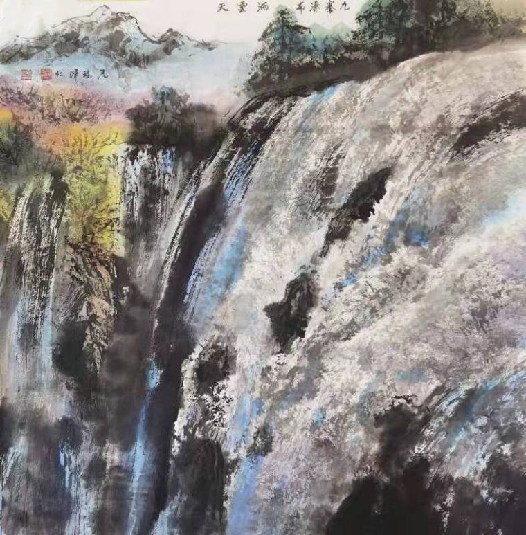 《九寨瀑布洒云天》68X68cm