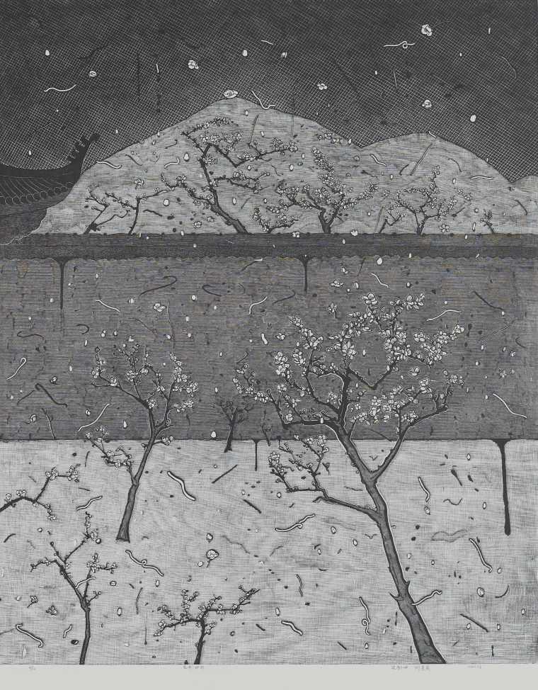 7朱剑坤、刘孝威《花开·四月》87×76cm黑白木刻2021