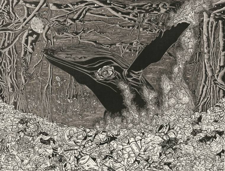 57、贾婧毓  鲸难之突围  黑白木刻  92x122cm  2019年  266352