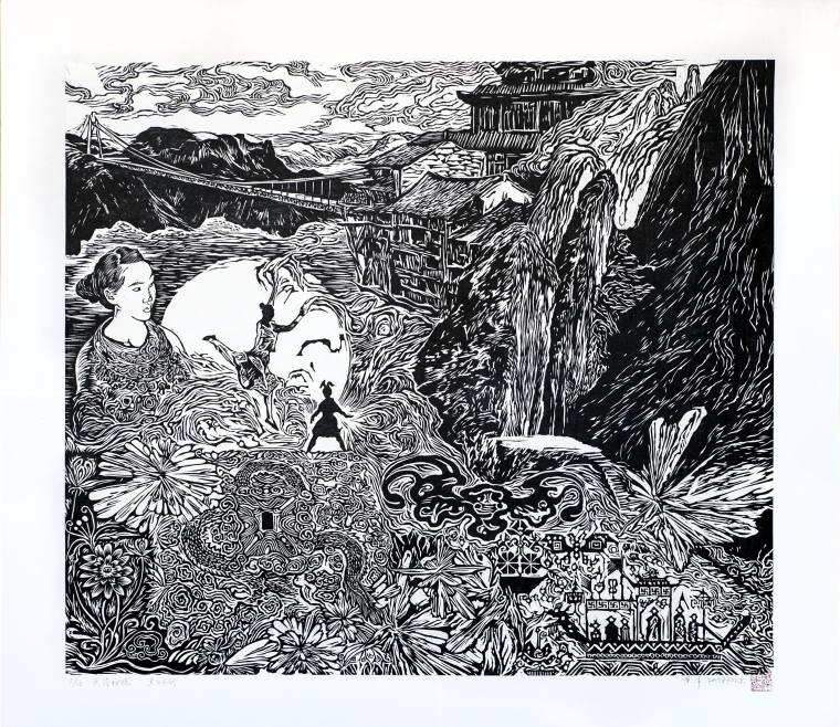 25黄洋《武陵秘境》60×70cm黑白木刻2019年