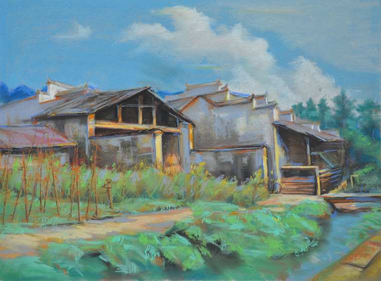 《乡间风景》、整开、色粉、描述皖南乡间的生意盎然
