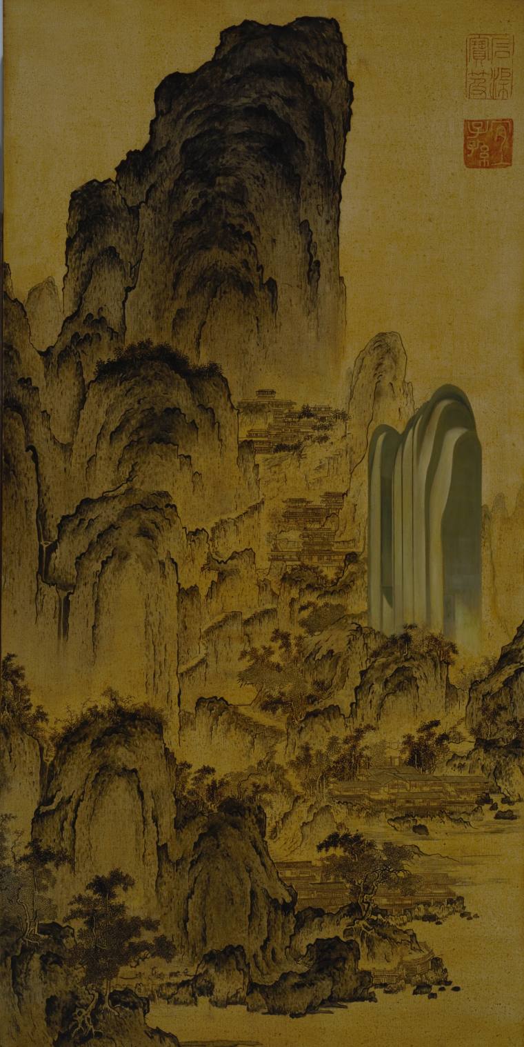 《宋代名画溪山楼观图+山水城市》材  质：布面油画 尺  寸100×200cm年  代：2015 