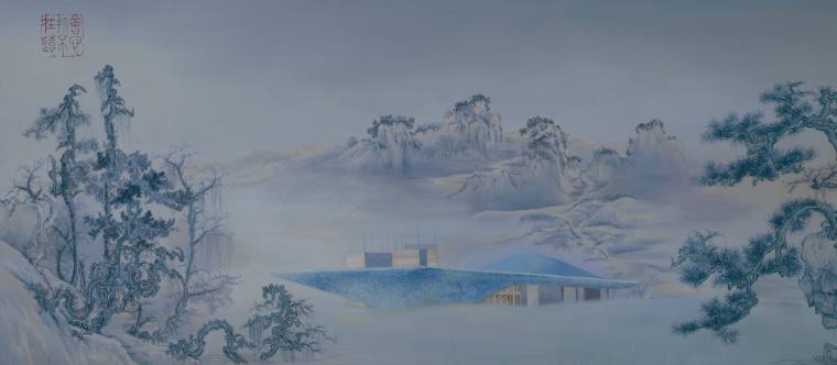 《会心处不在远——宋代名画渔村小雪图卷+杨丽萍艺术中心》材  质：布面油画 尺  寸：200×88.5cm年  代：2018