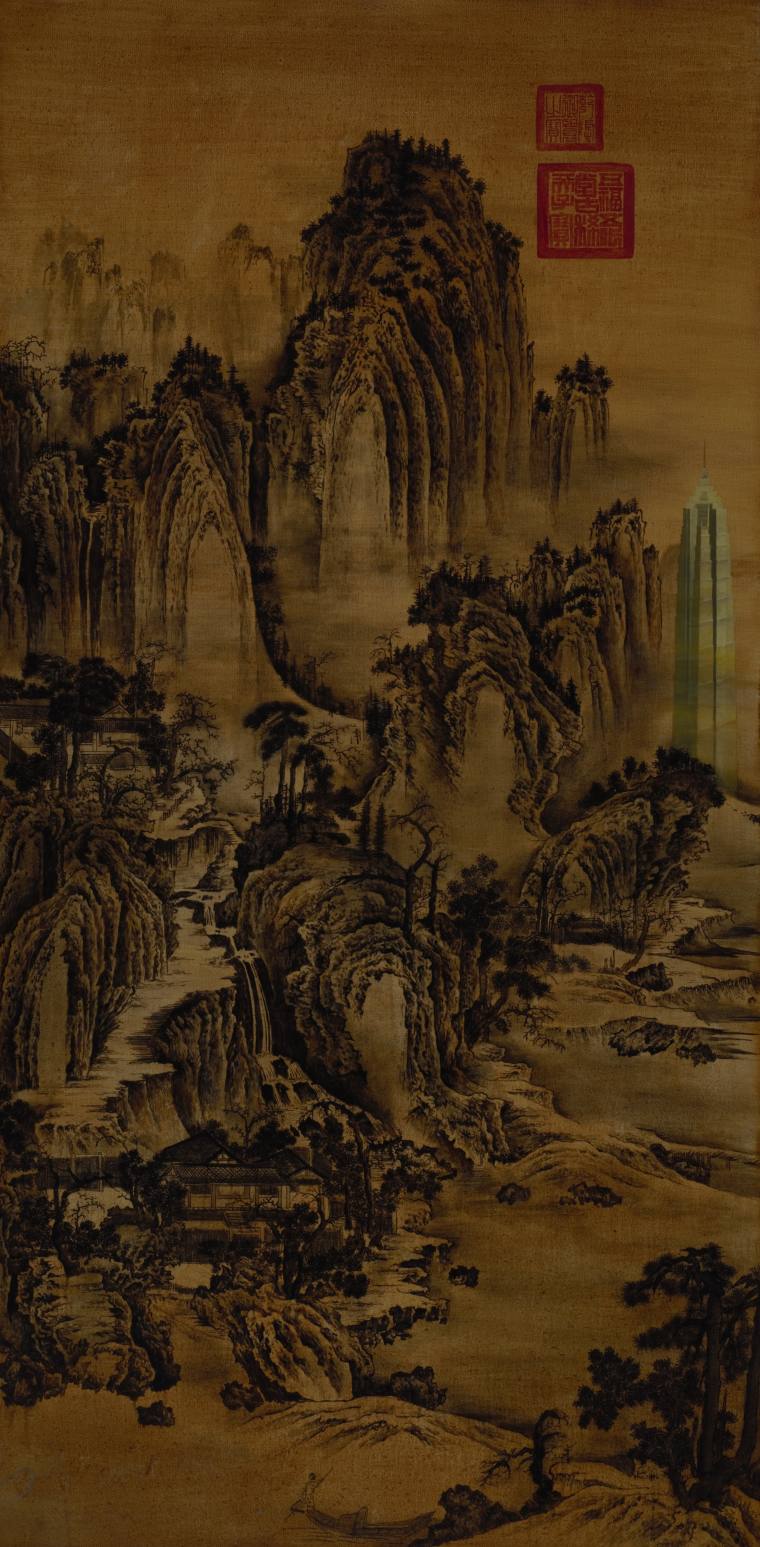 《五代名画匡庐图+金茂大夏》材  质：布面油画 尺  寸 100×200cm 年  代：2015