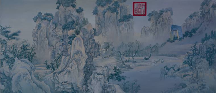 会心处不在远——《宋代名画渔村小雪图卷+CCTV》材  质：布面油画 尺  寸200×88.5cm 年  代：2018