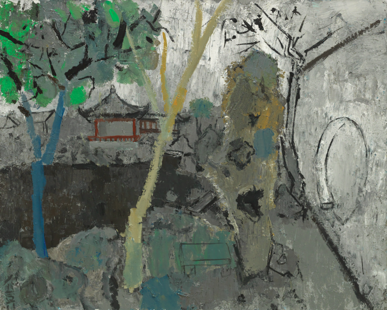 黄少鹏 《艺圃——亭与石》 80×100cm   布面综合材料   2018